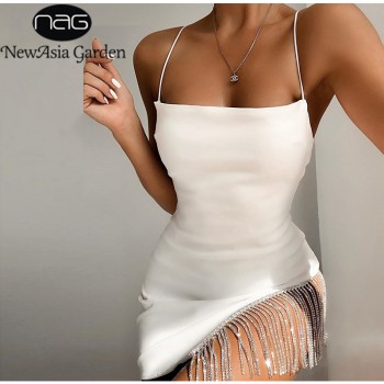 NewAsia 2 Layers Diamond Party Dress Women 2020 Summer Backless Tassel Hem Valentine Sexy Club Dress Elegant White Dress Mini